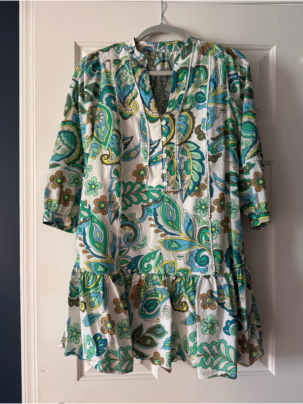 LOFT Paisley Print Tie Neck Drop Waist Dress XS Blue Green Boho Floral